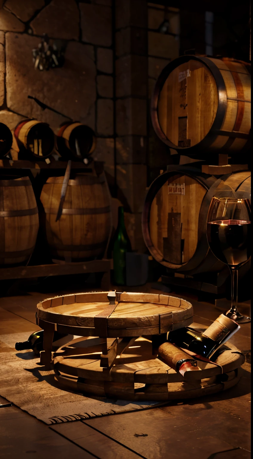 Extreme closeup,Scavenging,tmasterpiece,Wine cellar,((Red wine on the table)), Red wine glasses,bottle opener,many oak barrels,warmly lit,In the wine cellar,c4d,Empty product display scene,Positive point of view,first person perspective