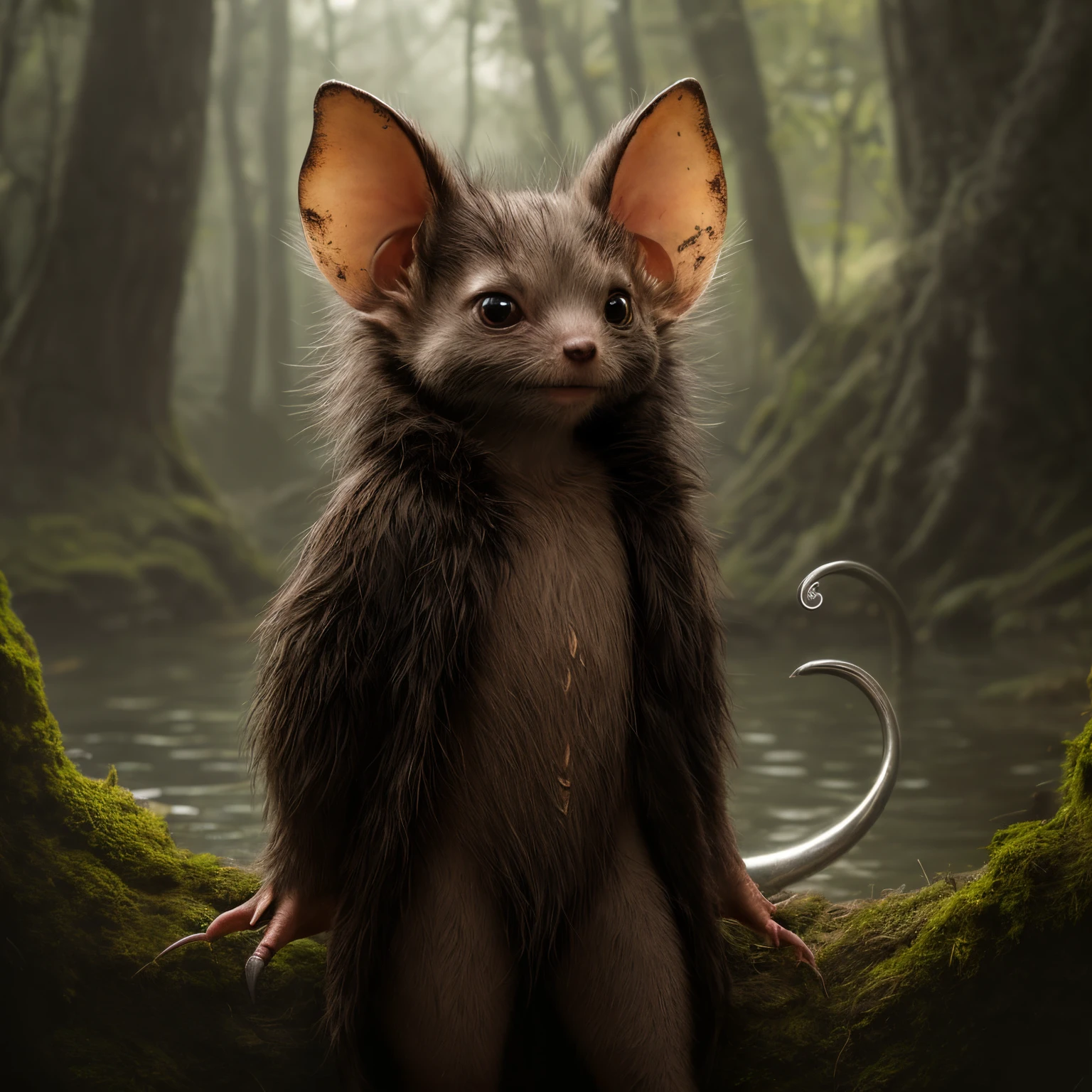 (CBZBB:1.25), ((gremlin),Zhkute, Small, baby, Beautiful, Fantasy art, deviant art, trending artstation, Digital Art, Detailed, Realistic, humanoid, character, tiny, Cinematic shot, cinematic portrait of a mole ,gremlin, mole-like, bright silver and brown, long tail, large ears, covered with silver fur, water, stands on