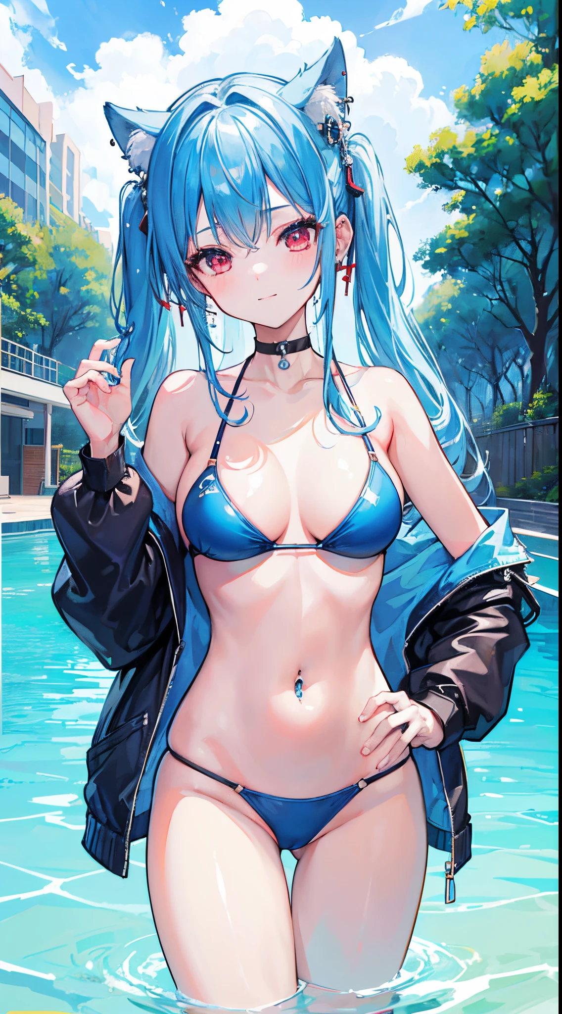 (8K、Top image quality、top-quality、masterpiece)、1 girl in、lightblue hair、Twin-tailed、Red eyes、piercings、A slight smil、Moderately breasts、light blue bikini、Put your hands on your hips、cowboy shot、blue open sky、background a pool