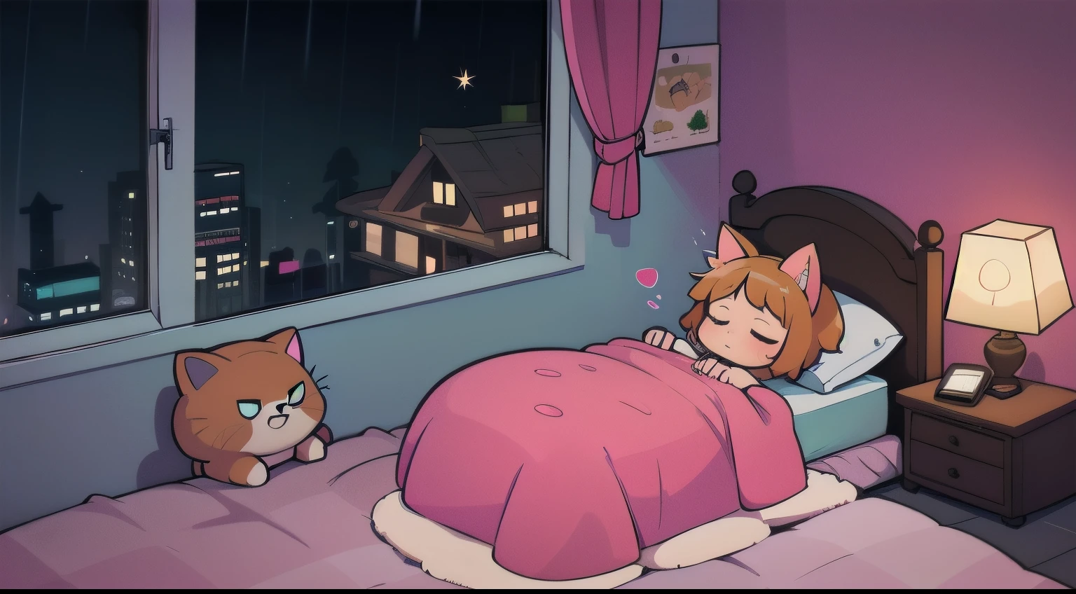 a girl, cat ear, sleeping, full body, a bed with stuffed animals, colorful room, rain on the window, night