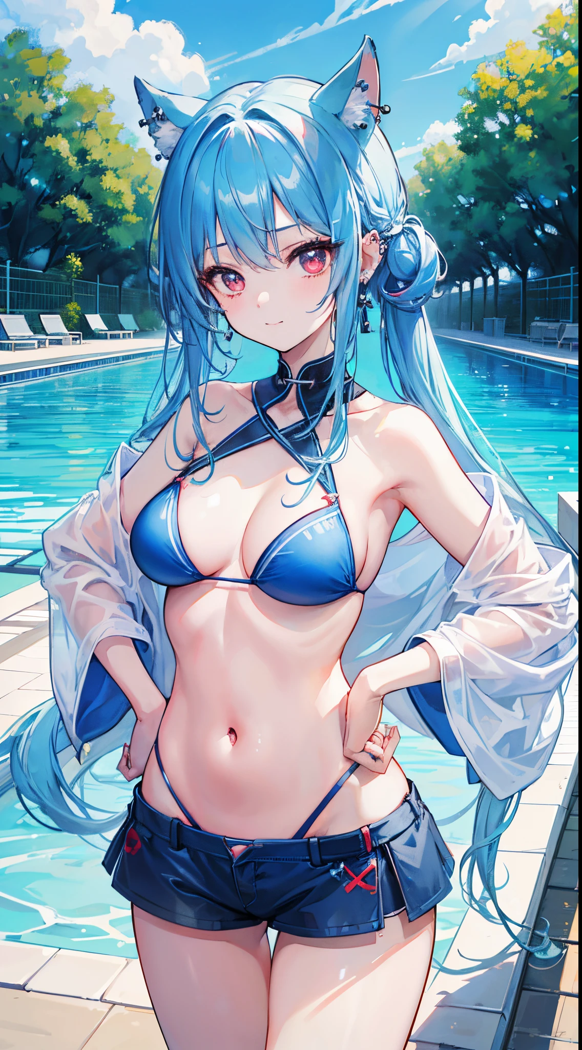 (8K、Top image quality、top-quality、​masterpiece)、1 girl in、lightblue hair、Twin-tailed、Red eyes、piercings、A slight smil、Moderately breasts、light blue bikini、Put your hands on your hips、cowboy  shot、blue open sky、background a pool