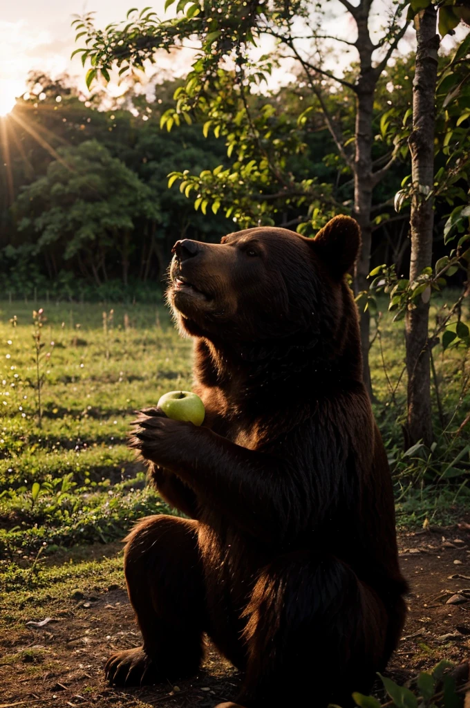 Bear eating an apple, em uma floresta, com um por do sol, alta qualidade, alta resolução