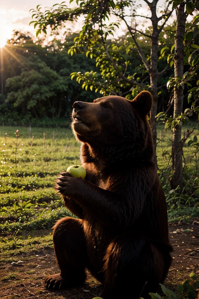 Bear eating an apple, em uma floresta, com um por do sol, alta qualidade, alta resolução