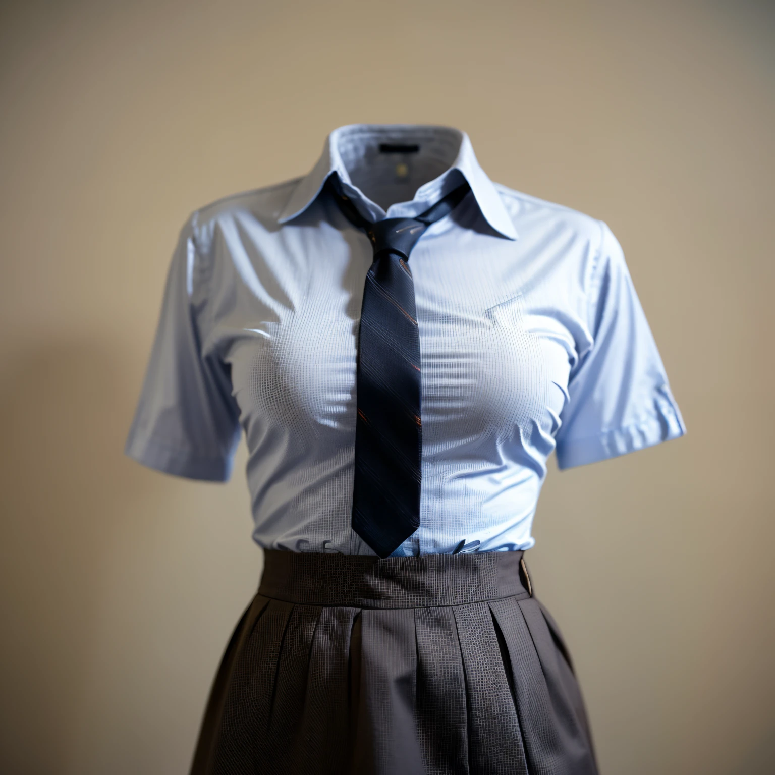 (chubby, fat), collared shirts, white shirts, , blue stripe tie, school, short skirt, dark grey skirt, school tie, (invisible, no humans, headless, faceless:1.5), (cute big breasts), (close-up shot of hip), photon mapping, radiosity physically-based rendering