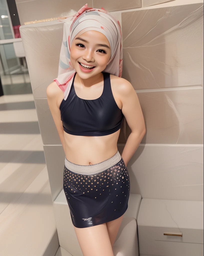 HIJAB MALAY GIRL, masutepiece, High quality, UHD 32K, Realistic face, Realistic skin feeling , A Japanese Lady, 8 , Little Gite and baby-like face, Women's Competition One-Piece Swimsuit, Sitting, itting open legs, Spread Leg, (((facials))), (((Smile))), (((flat chest))),(((Open Mouth)))