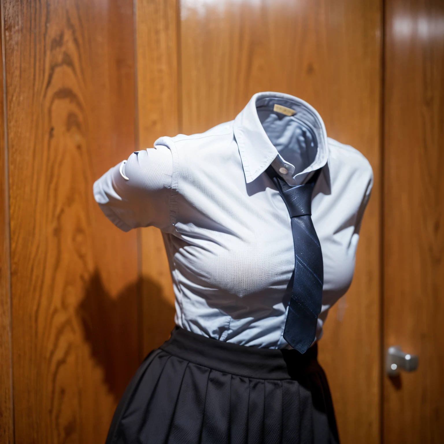 (chubby, fat), collared shirts, white shirts, , blue stripe tie, school, short skirt, dark grey skirt, school tie, (invisible, no humans, headless, faceless:1.5), (cute big breasts), (close-up shot of hip), photon mapping, radiosity physically-based rendering