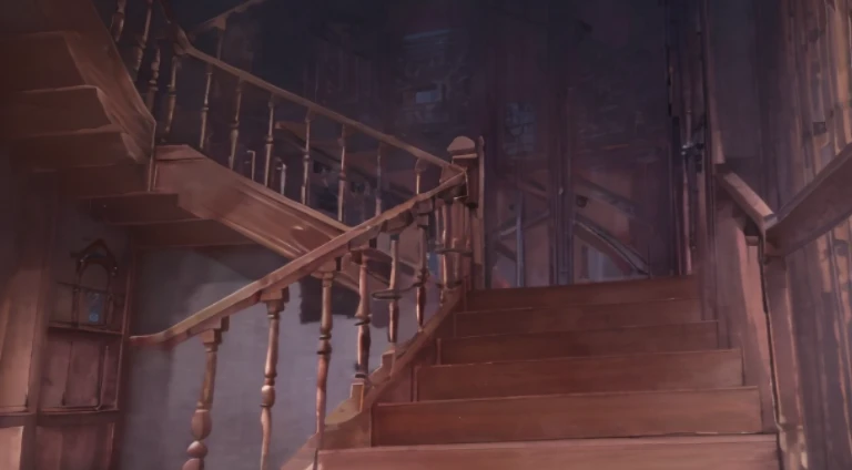 There is a photo of the stairs leading to the room, stairways, stairways, stairs to the second floor, Stairs to the upper floor, stairways, coming down the stairs, random background scene, Wooden stairs, stairways, Madhouse Studio anime style, anime movie backgrounds, anime backgrounds, Grand staircase, penrose stairs, Anime background art, stairways