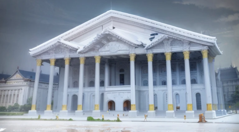 there is a big building,There are pillars and clocks on it, palace background, neoclassical police station, The temple of truth is white, A palace floating in the air, Huge palace, Screenshot of the animated movie, anime movie screenshot, Screenshots from the 2012 animation, Grail Palace, Rune Factory 5 art style, lulua studio