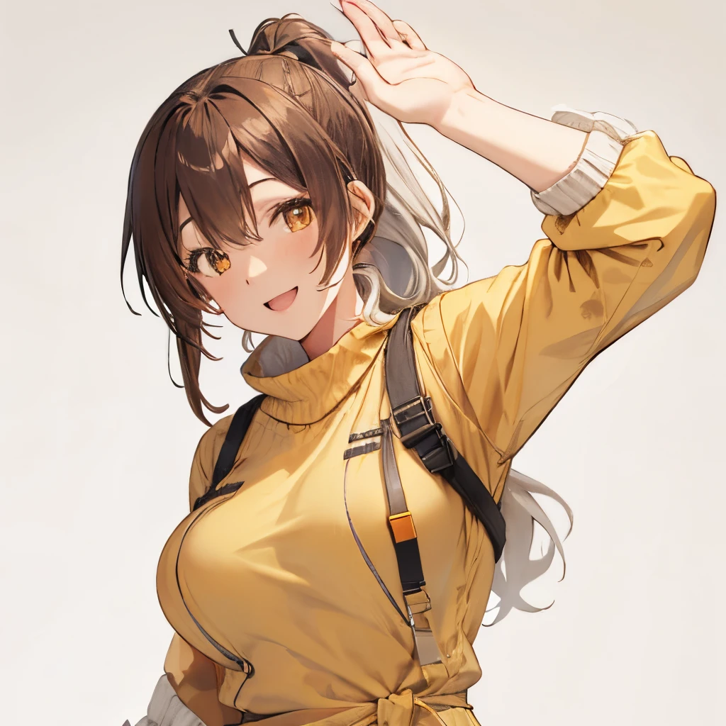 【Highest Quality, masutepiece】 [girl, Manteau, expressioness,deep orange eyes, front facing,dark brown hair,long ponytail hair,yellow knit cloth, Upper body] (Gray white background:1.2),very happy smile,boobs,