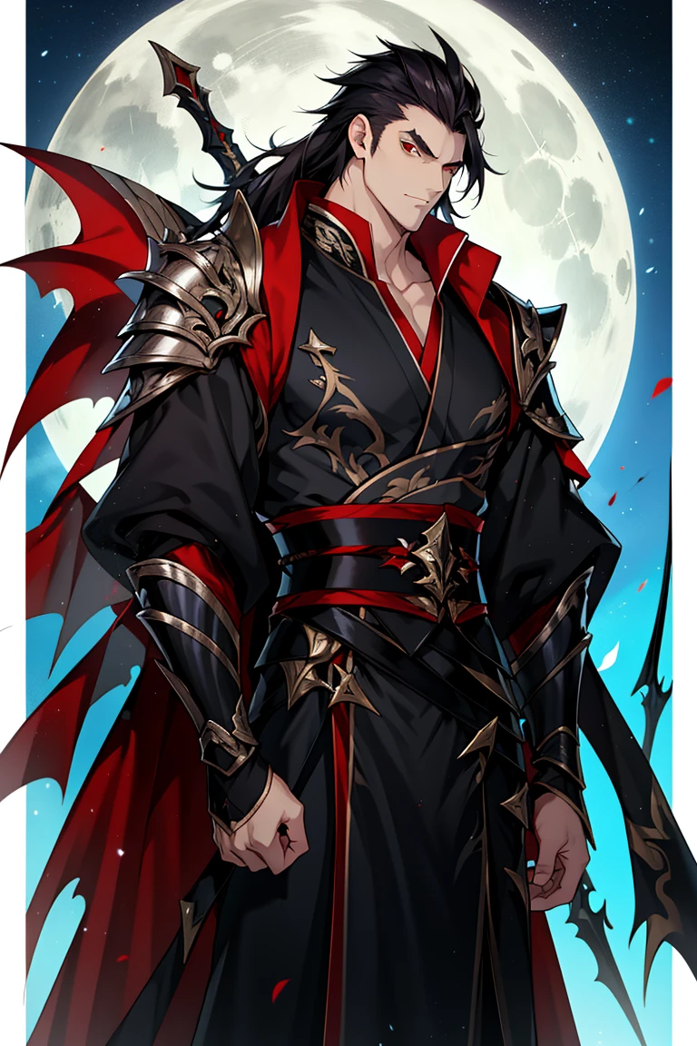 vampire man, Hanfu, Luxurious uniform black clothes，Shoulder armor，long sword, cabelos preto e longos, red eyes，natta，starrysky，rays of moonlight，Asian architecture，Best quality at best，16k,tmasterpiece，