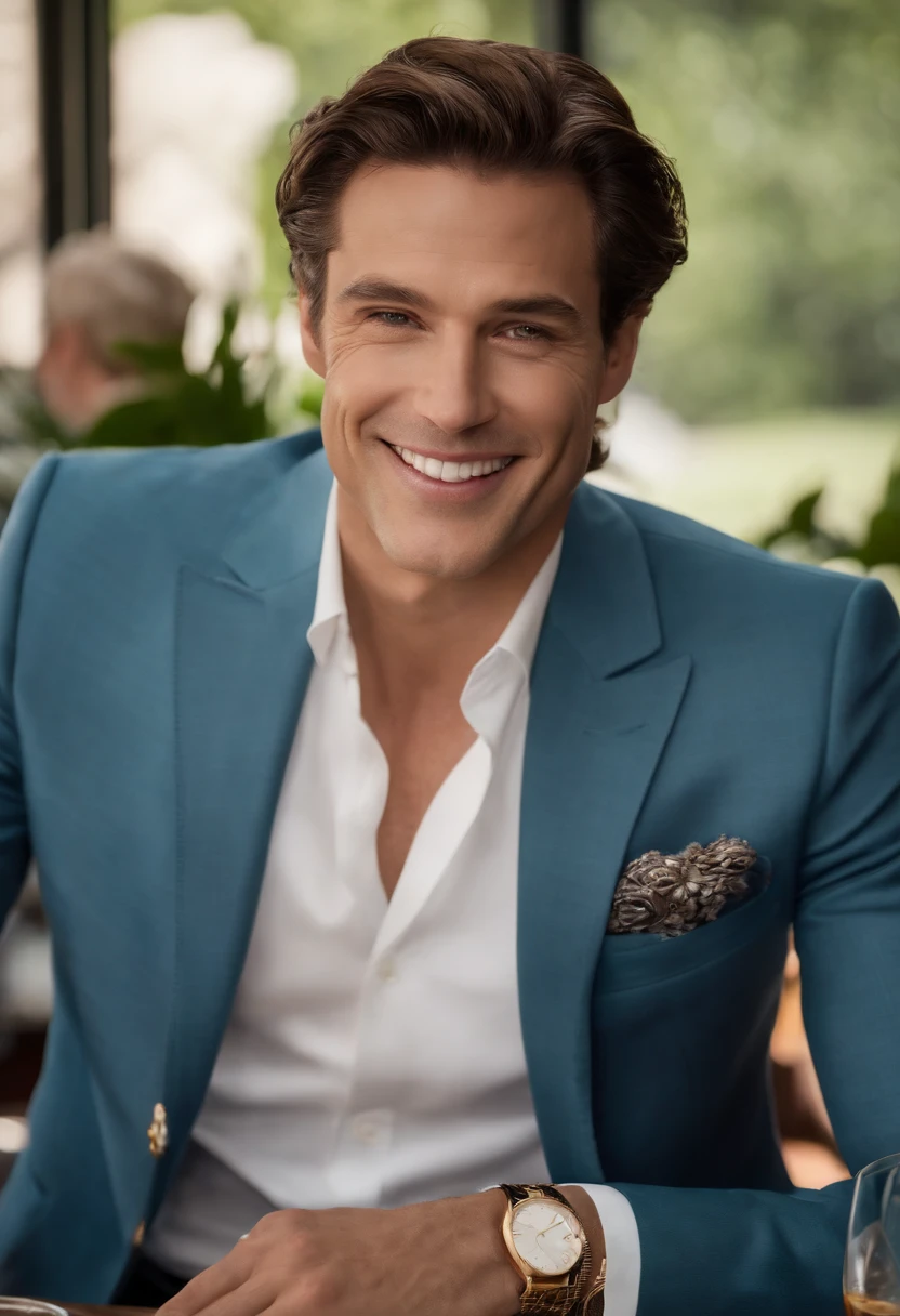 A photo of Roman at a high-end brunch spot,original,Roman Roy, from the TV series “Succession,” often presents a disheveled yet stylish look, reflecting his mix of casual indifference and corporate lifestyle, typically seen in designer suits worn with a nonchalant flair. He has a boyish charm with a mischievous smile, adding to his persona as the family’s unpredictable and irreverent playboy. , male