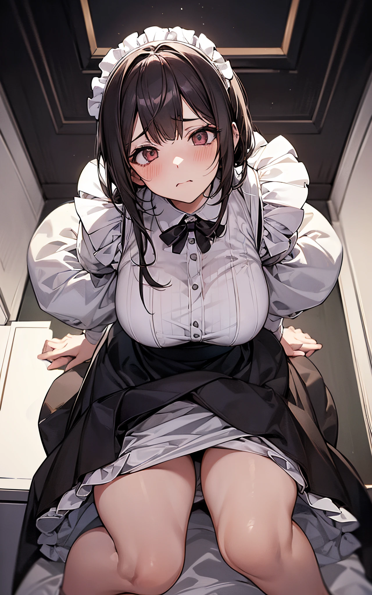 NSFW、(((Composition looking up from a low position)))、Perfect human body、she wears a maid outfit、both hands on the desk、The skirt is flipped up、s ass、perspiring、embarrassed from、clench one's mouth、sex from behind