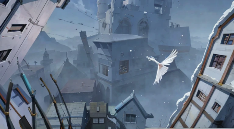 There is a bird flying over a tree in the city, Claymore anime background, Animated static screenshot, anime movie backgrounds, Screenshot of the animated movie, animated movie still, animated movie still, background artwork, anime movie screenshot, random background scene, Kuro anime screenshots, Screenshots from the 2012 animation, anime backgrounds, Still from anime