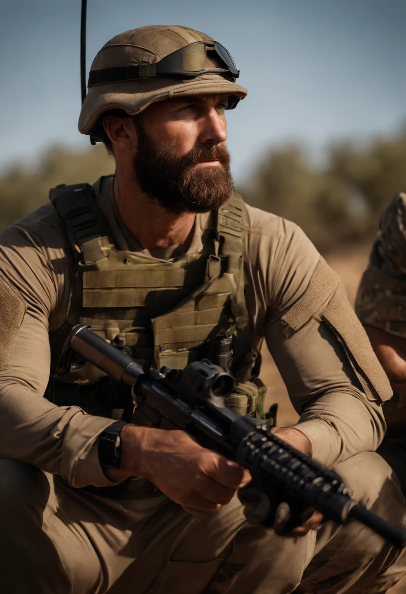 The image is of Captain Price and some Task Force 141 soldiers participating in a friendly game of golf in the outdoor training field.,Modern Warfare series,Captain John Price is a tall man in his 30s, famously portrayed by actor Barry Sloane. He wears a boonie hat, has a mutton chops styled beard, and often wears tactical equipment fit for a soldier. , male