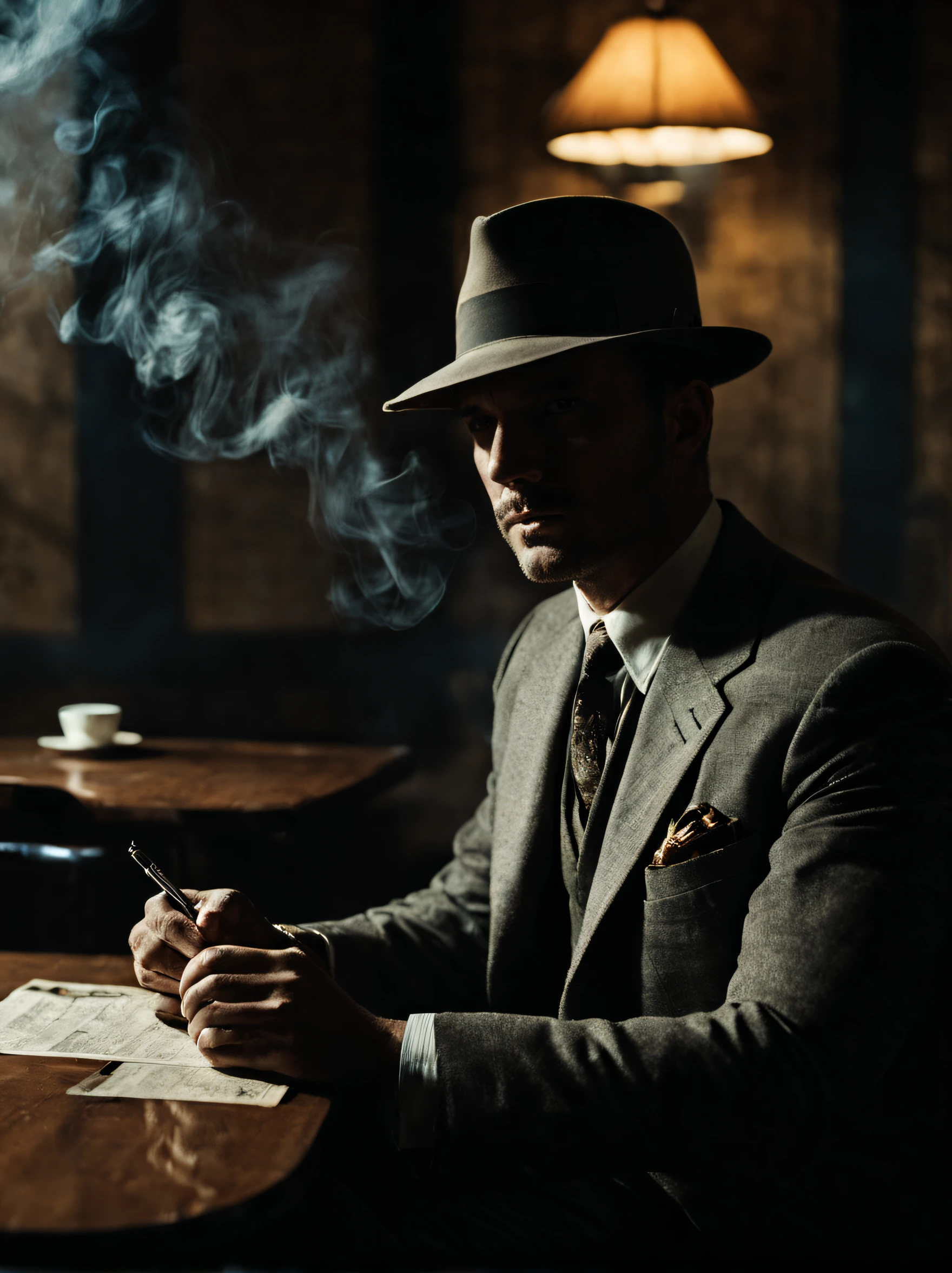 film noir in color, man sitting, smoky cafe, suave, shadows, hazy room, (movie still:0.2), film grain, dramatic lighting, cinematic, intriguing, extremely detailed, captivating, natural, stern face, detailed skin, brooding, dark and moody, thriller, dark, mysterious, dslr, unsplash, subtle, pen, detective