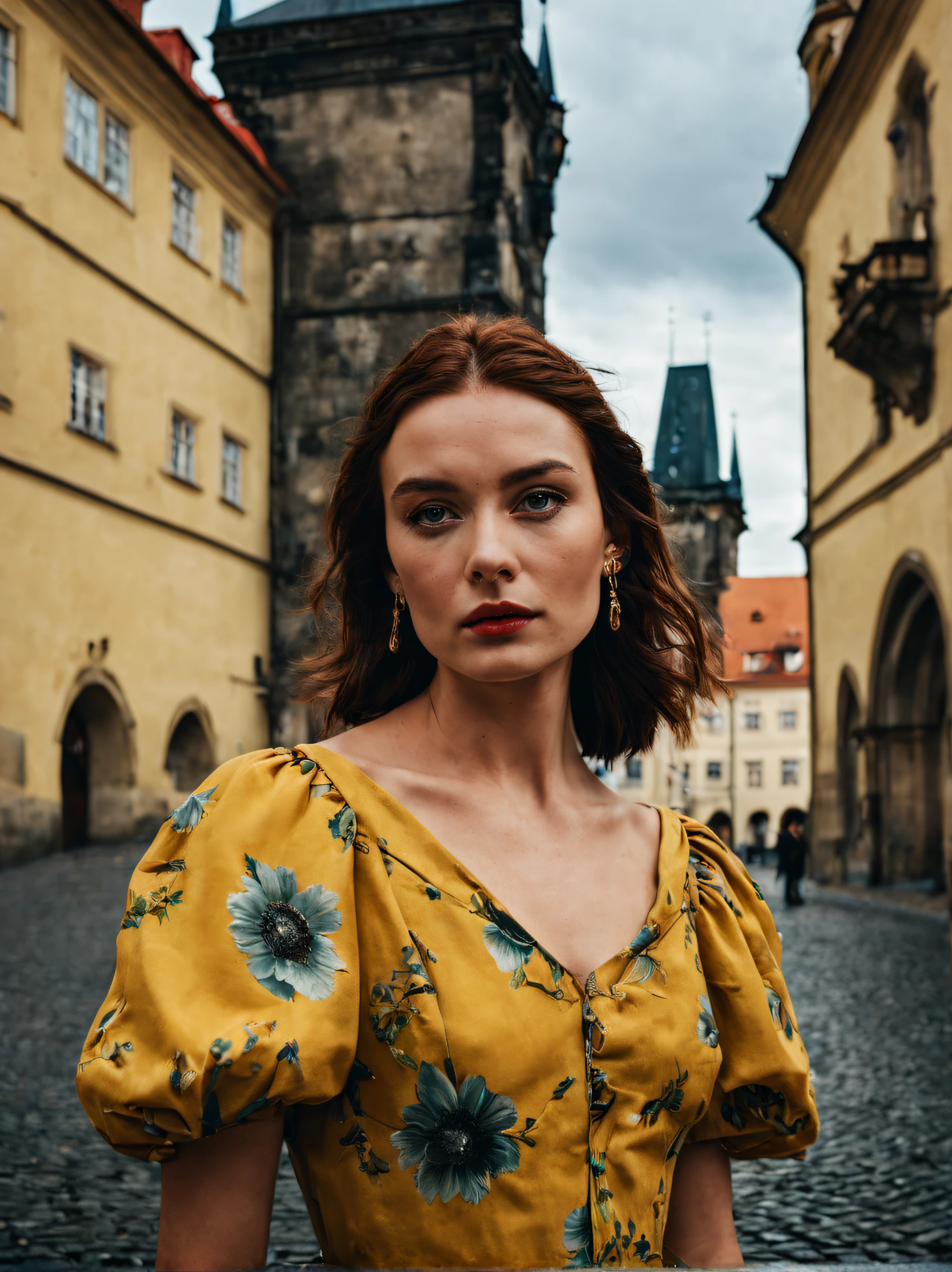 portrait of sks woman in Prague, at the Prague Castle, by Flora Borsi, style by Flora Borsi, bold, bright colours, ((Flora Borsi)), by Gregory Crewdson,