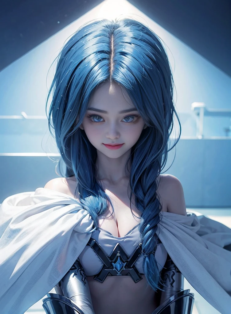 Blue hair,Nice face,Black bikini armor,Heterochromatic pupil,ssmile,rays of sunshine,fully body photo,the soft light