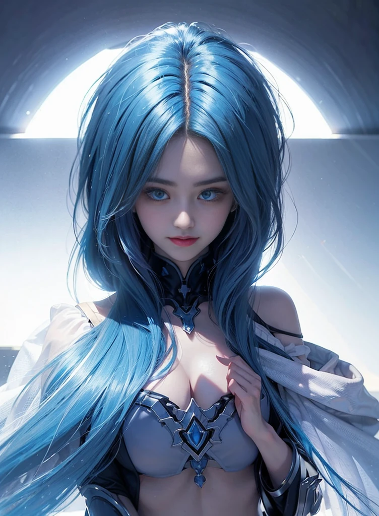 Blue hair,Nice face,Black bikini armor,Heterochromatic pupil,ssmile,rays of sunshine,fully body photo,the soft light