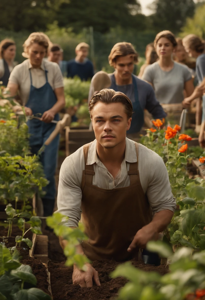 The image is of Di Caprio leading a group of volunteers in a community garden, surrounded by raised beds, gardening tools, and vibrant greenery.,original,Very handsome young Leonardo Di Caprio, male