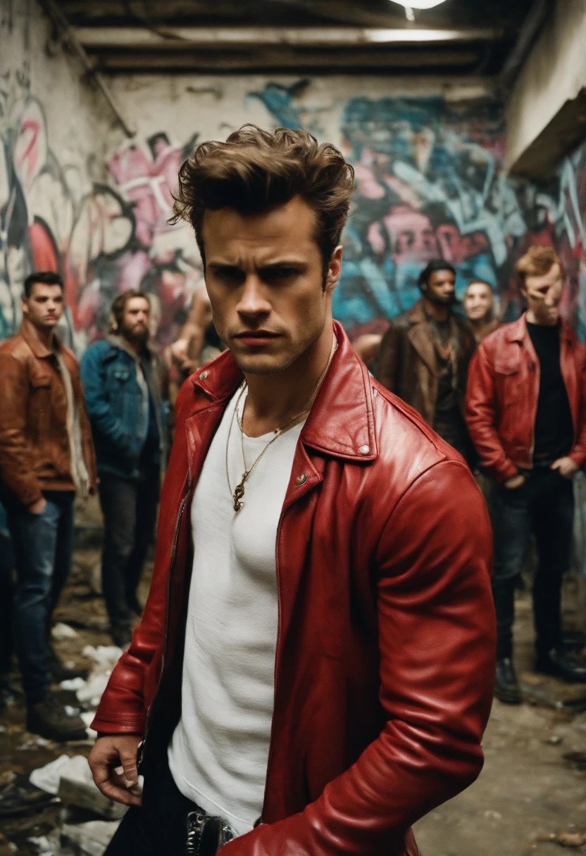 A photo of Tyler Durden leading a group of rebellious individuals, all wearing the iconic red jacket, gathering in an abandoned warehouse surrounded by graffiti and urban decay,original,Visually, Tyler is depicted as the epitome of a certain rugged, careless coolness, with a chiseled physique, unkempt hair, and a devil-may-care attitude expressed through his disheveled yet somehow stylish clothing. He frequently sports a red leather jacket, flashy shirts, and a penchant for soap making, which serves as a metaphor for his ability to cleanse and rebuild the identities of his followers., male