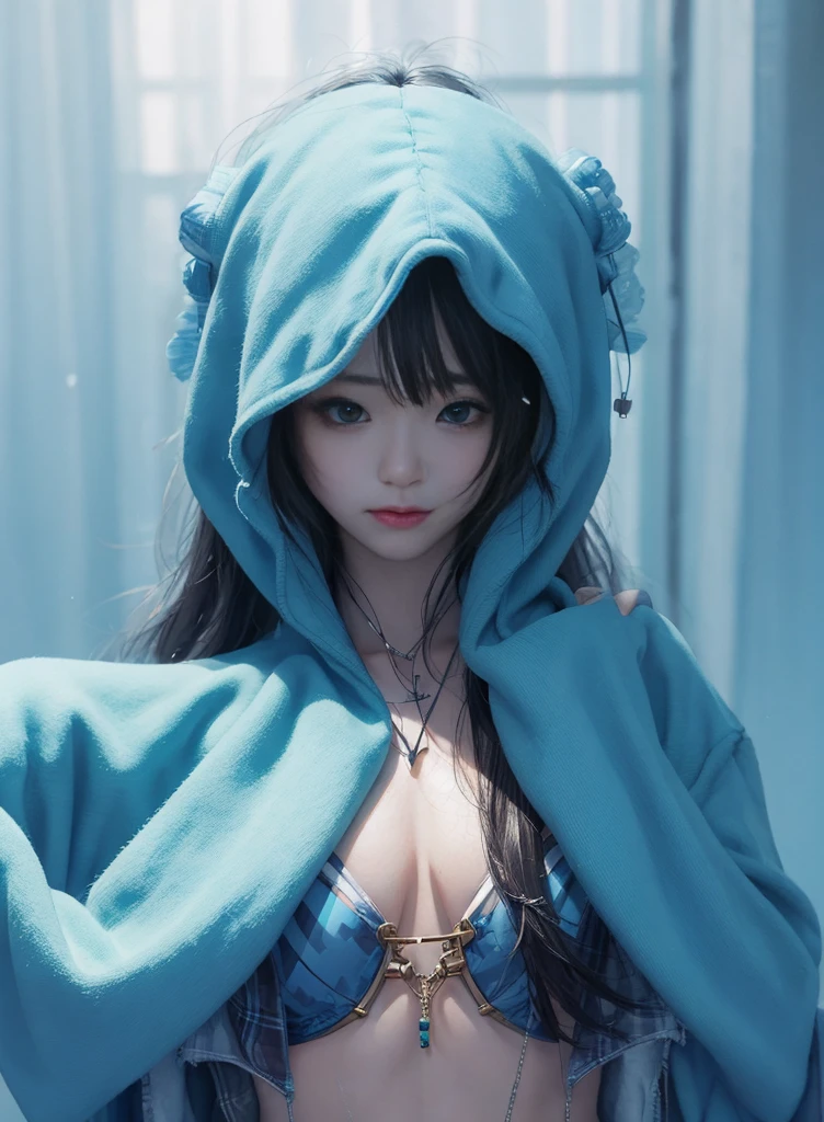 Crochet cape-style coat, blue and black that resembles anime clothes, several models, big covered breasts 