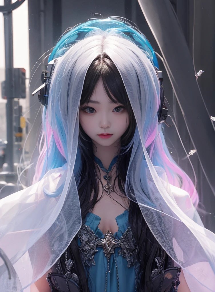 Long colored hair，Nice face，sling bikini，Heterochromatic pupil，ssmile，apathy，比基尼，Full body photo，the soft light，Earphone