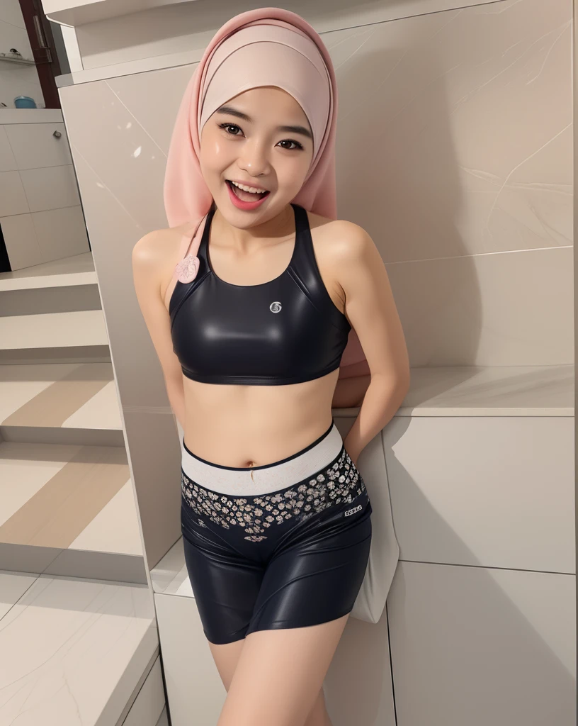 HIJAB MALAY GIRL, masutepiece, High quality, UHD 32K, Realistic face, Realistic skin feeling , A Japanese Lady, 8 years old, Little Girl, Very cute and baby-like face, Women's Competition One-Piece Swimsuit, Sitting, itting open legs, Spread Leg, (((facials))), (((Smile))), (((flat chest))),(((Open Mouth)))