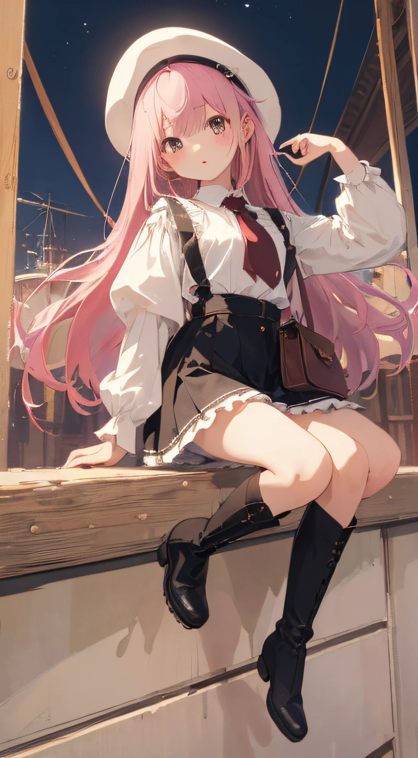 (​masterpiece、top-quality、hightquality)、full body of a young girl、One young girl、Long pink hair、Tied hair、Fluffy、Black short skirt、Mafia Girls、full body Esbian、Fluffy atmosphere、Leather boots、white backgrounid