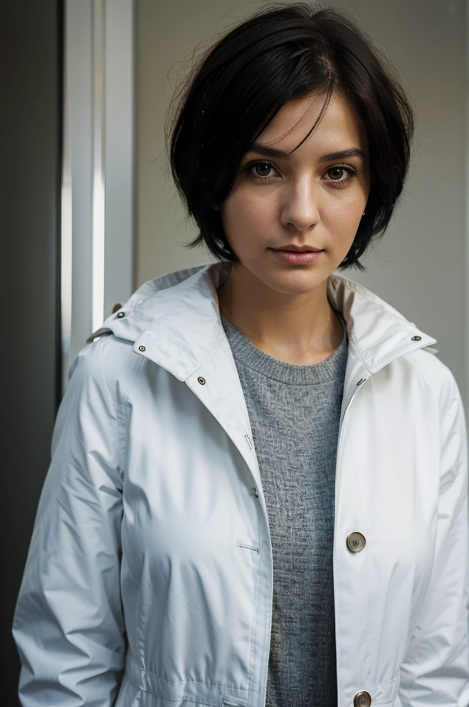 facing at camera, portrait, woman in court, european woman, german, black short hair, 30 years old, weather coat, white coat