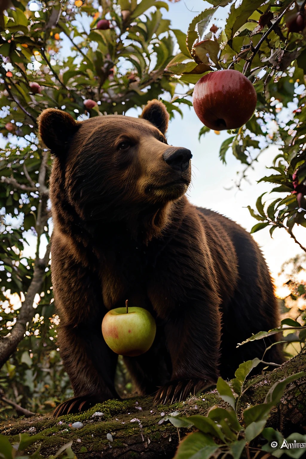 Bear eating an apple, em uma floresta, com um por do sol, alta qualidade, alta resolução, com outros animais no fundo comendo grama, muitas arvores