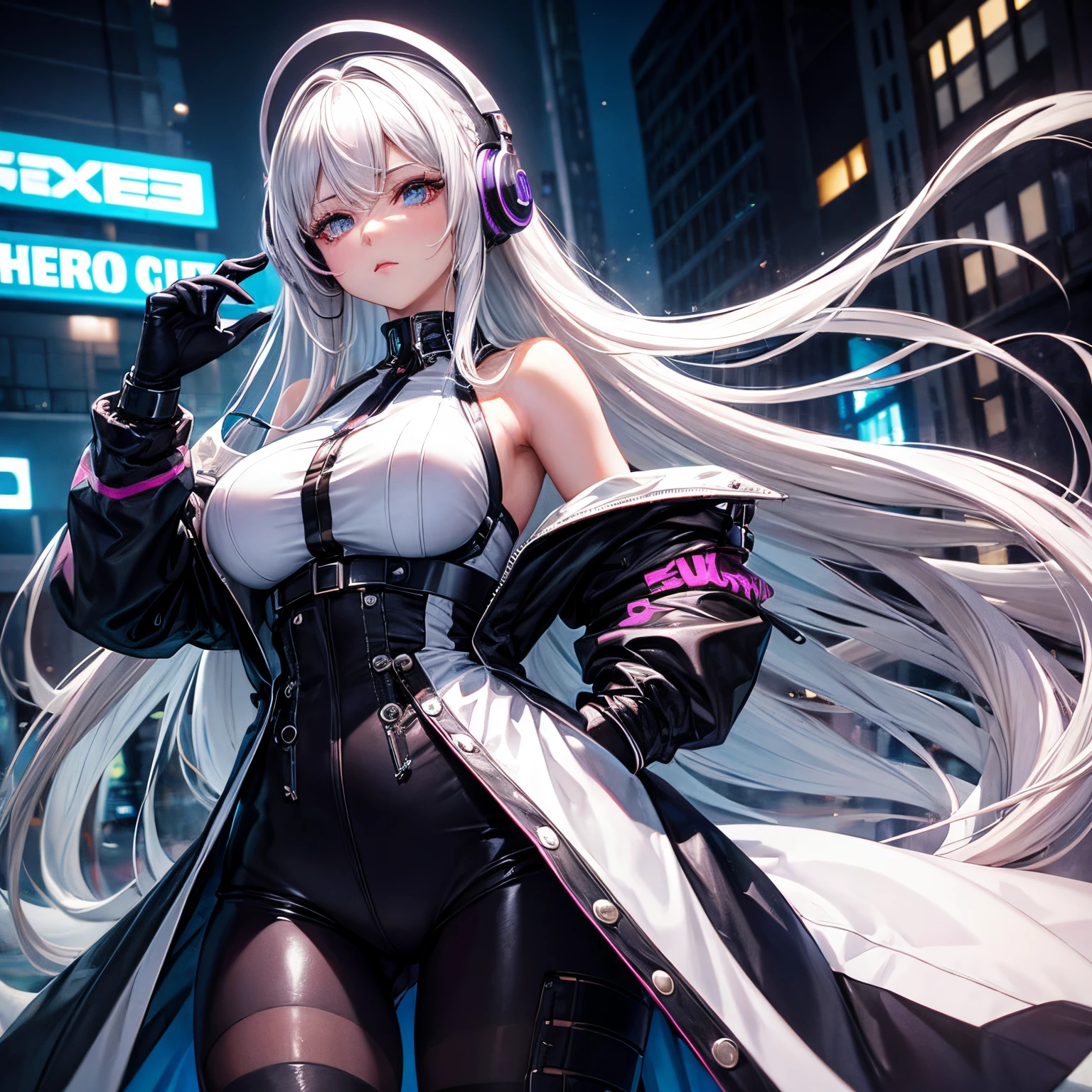 White hair, cat ears, purple eyes, holding a joystick, wearing glasses
