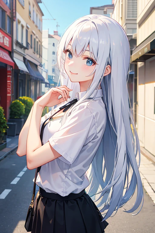 top-quality、The length of hair to the shoulders、Clothes that show a little chest、Fold your hands behind your back、Medium chest、A smile、white shirt、Black miniskirt、独奏、frontage、Focus、In the street、bustup