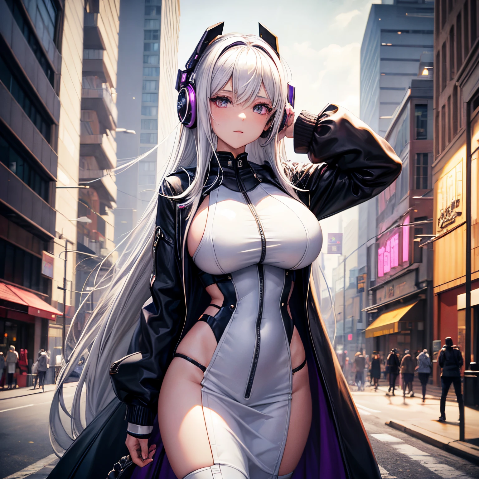 1个Giant Breast Girl, White hair, long whitr hair, A masterpiece of technological clothing, Best quality at best, actual, hentail realism, Dark purple coat, sportrait, 詳細な目, with headphones on, White blonde hair, 21-year-old girl, stylish posing, A half body, wide - angle shot, Have on the street, cyber punk perssonage