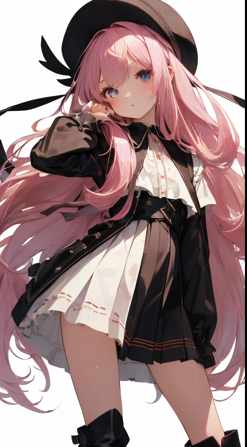 (​masterpiece、top-quality、hightquality)、***********'s whole body、one young girl、long pink hair、Tied hair、Fluffy、Black short skirt、mafia girl、full bodyesbian、Fluffy atmosphere、leather boots、Pure white background