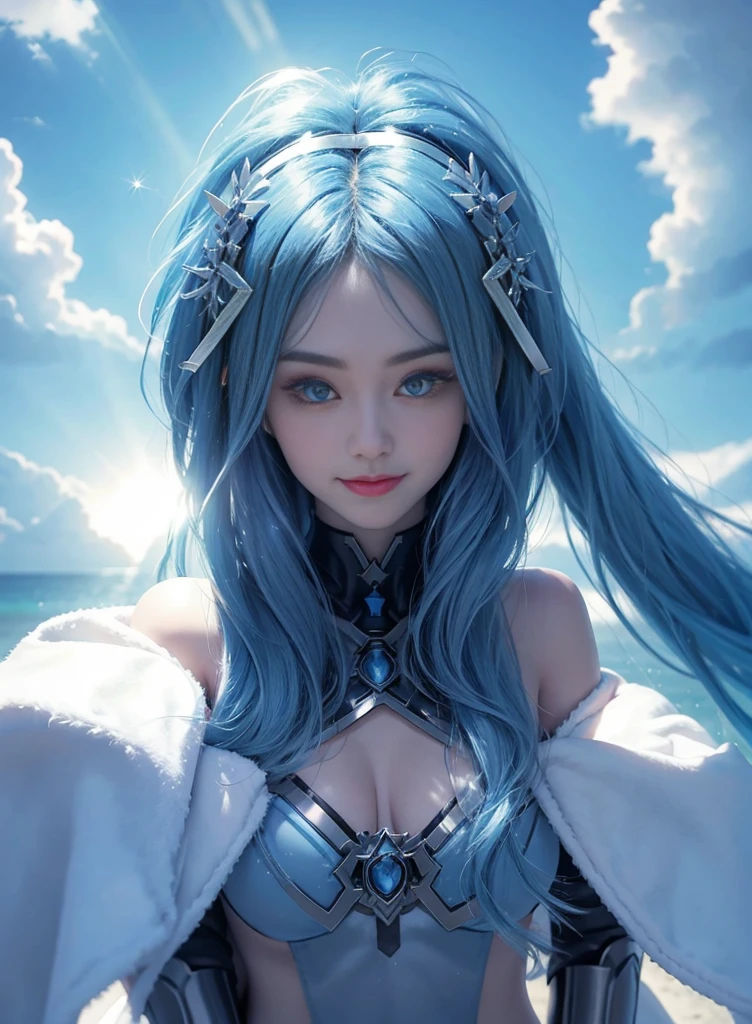 Blue hair，Nice face，blue bikini armor，Heterochromatic pupil，ssmile，rays of sunshine，Full body photo，the soft light