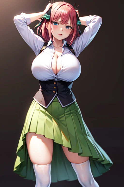 masterpiece, best quality, highres, Nakano nino, 1girl, solo, pink hair, short hair, busty, butterfly hair ornament, large breasts, cleavage, green skirt, white shirt, collared shirt, open clothes, black thighhighs, short sleeves, skirt lift, looking at viewer, annoyed, blush, full body, standing, simple background, arms behind head, (erotic pose:1.4)