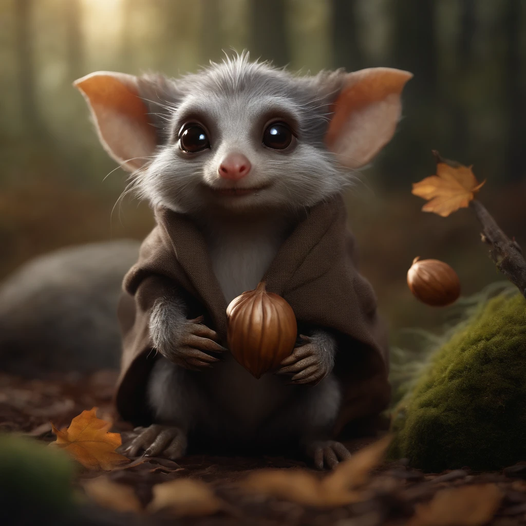 gremlin, mole-like, bright silver and brown, long tail, large ears, covered with silver fur, water, stands on the shore, Best Quality, Masterpiece, in style of dark fantasy art, gremlin, mole-like, holding a huge acorn in his paws, bright silver and brown, long tail, elongated nose, huge ears, covered with silver fur,tousled, five toes on each paw, holding a huge acorn in his paws, I'm standing in a forest clearing under the foliage of bast., acorns lie in the clearing, acorns glow, Crickets fly, Best Quality, Masterpiece, in style of dark fantasy art, fantasy-inspired, in the style of John Tolkien, (CBZBB:1.25), ((gremlin),Zhkute, Small, baby, Beautiful, Fantasy art, deviant art, trending artstation, Digital Art, Detailed, Realistic, humanoid, character, tiny, Cinematic shot, cinematic portrait of a mole