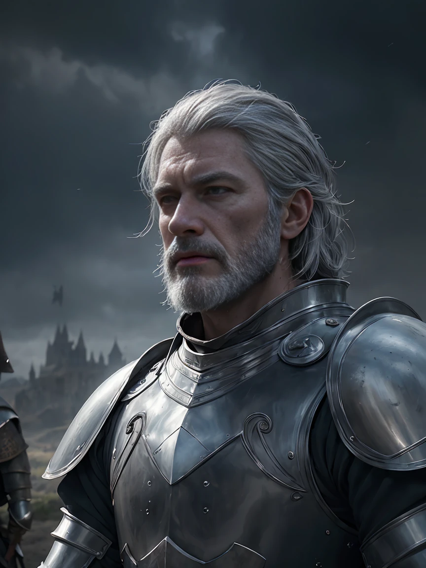 photorealistic, top quality, masterpiece, cinematic composition, slow motion, (medium shot of a medieval knight, sombre and weathered face, beard, grey hair:1.2), chain mail and plate armour, (realistic and detailed|intricate armour:1.1), (visible face:1.3), (photorealistic physiognomy|eyes|iris|skin|musculature, detailed skin, skin texture, natural skin), (holding a sword in his hand:1. 2), frontal perspective, imposing and determined pose, looking forward with determination, skin imperfections, natural skin wrinkles, natural skin spots, highly detailed clothes, abundant details, intricate details, realistic wrinkles in clothing, medieval fantasy landscape, cloudy sky, castle in the background in the distance, radiant lighting, deep shadows, dramatic scene, dark and cool colour palette, blue and grey tones, No other characters in the scene, abundant detail|intricate, detailed landscape, volumetric lighting, (detailed lighting), (detailed light reflections on armour:1. 1), 8k, highly detailed, UHD, HDR, photorealistic facial expression|hairstyle