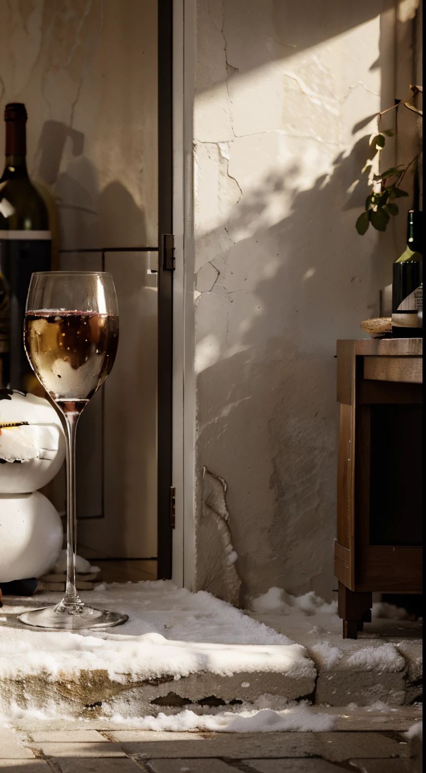 Close-up of the scene,scene capture,tmasterpiece,Corner cafe entrance,a desk,A few chairs,(( a wine glass on the table )),white wine,In the daytime,Street side,Winter sun,Winters,There is snow on the ground,There is a snowman on the roadside,c4d,Empty product display scene,Front view,first person perspective,Heads-up shooting,Real-world scenarios,without humans