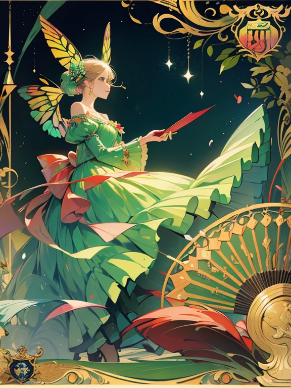 Butterfly motif、green and red tones、Vibrant colors、((masterpiece)))、(((top-quality)))、((ultra-detailliert))、(A hyper-realistic)、(highly detailed CGillustration)、Official art、Paris at the beginning of the 20th century、Decadent、Madame Papillon、Cool Beauty、Masquerade、refinement、Elegance、Gorgeous、Masks that cover most of the face、Colorful and detailed mask design、matchless beauty、Fans、gorgeous dress、jewely、Female Solo、Perfect Angle、perfect-composition、full body Esbian