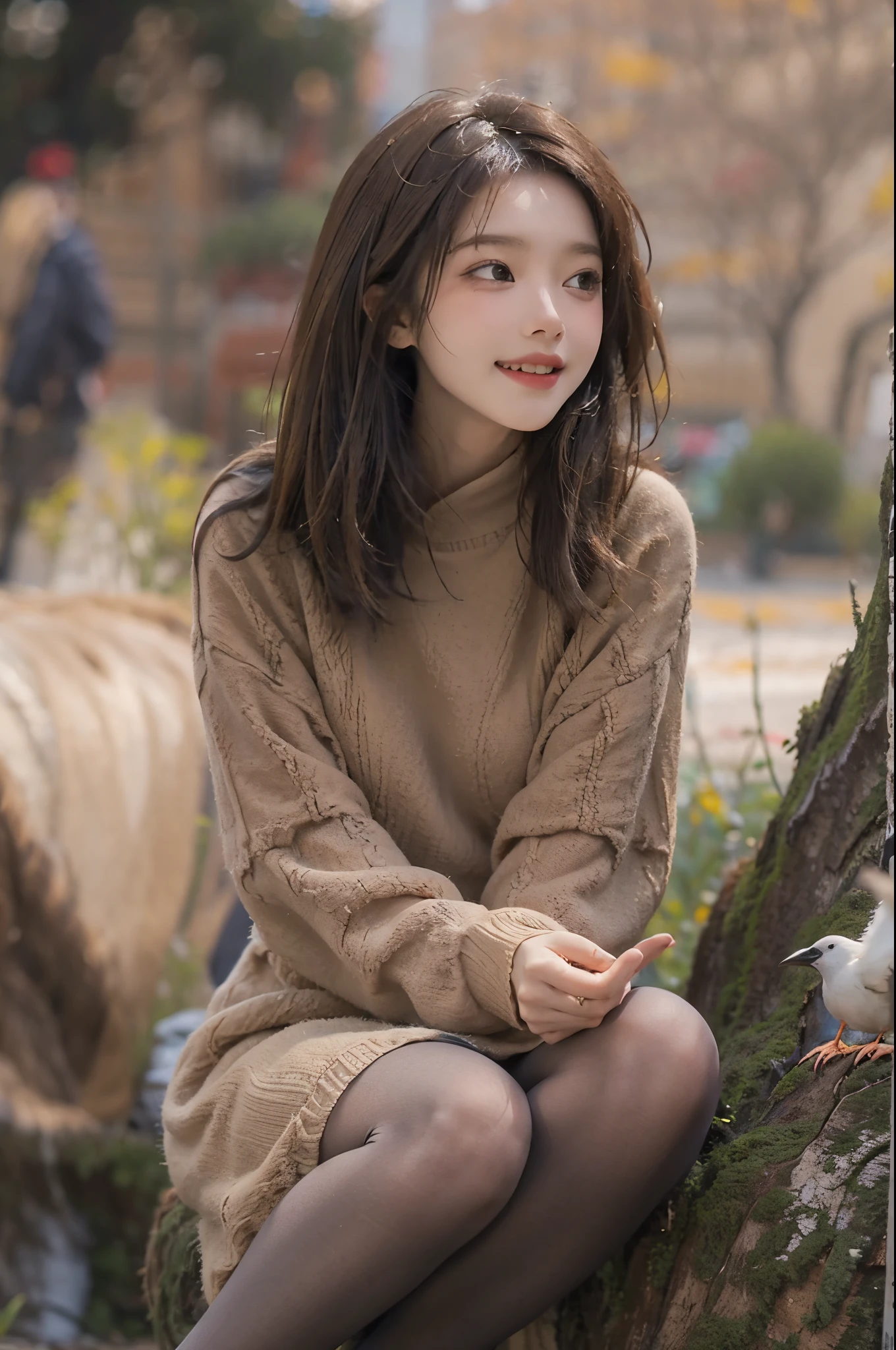On a refreshing morning with a calm atmosphere, lush lake, A 28 year old brunette with messy hair is sitting on a tree stump.. she wears thick clothes, She is wearing a beige short knit dress with long sleeves and thin black pantyhose.。. Engaged in playful interaction, She shares a moment of joy with the chirping of birds around her.