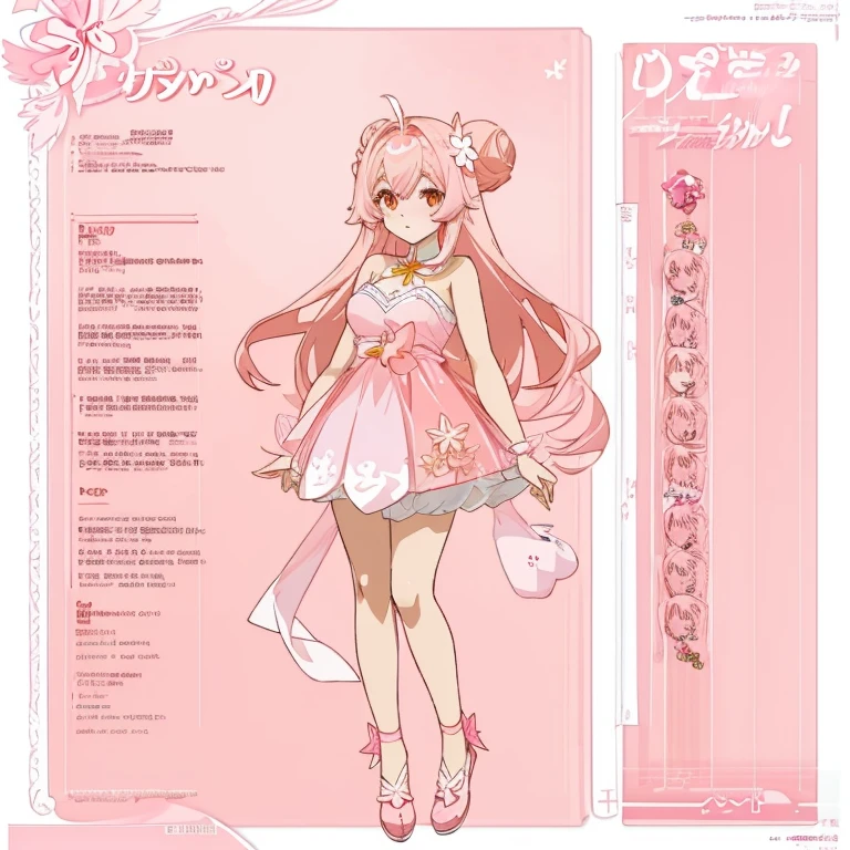 anime girl with long pale pink hair and in a pink dress, anime character reference sheet, reference sheet, full body!, [ character design ], design sheet, character reference sheet, 
 long Pale pink hair with sampaguita one hair bun (one right next sampaguita on her hair) with  and golden brown eyes, single character full body Genshin style, , official artwork, CG, art