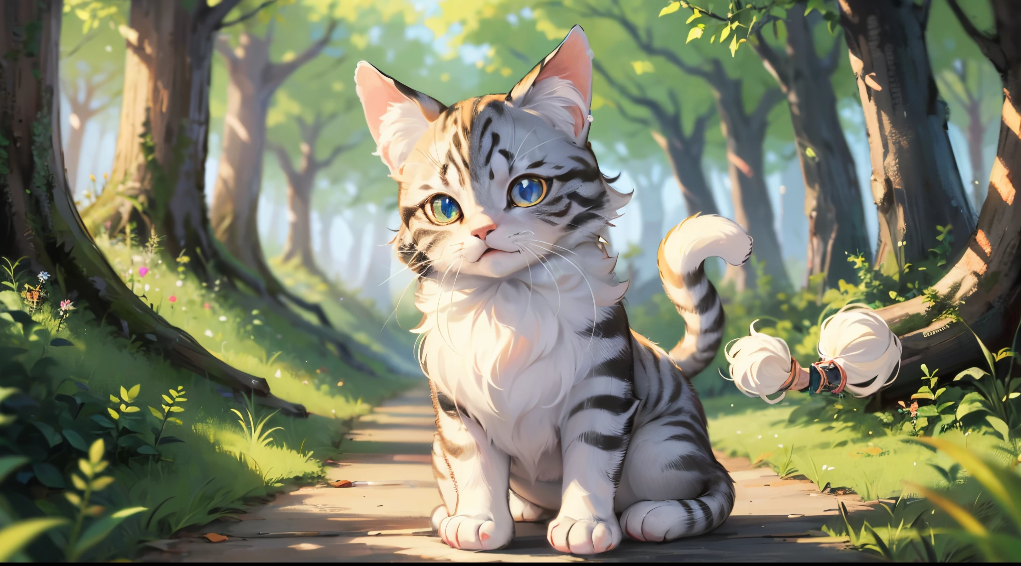 Amidst the journey through the enchanted forest, a kawaii, hairy cat suddenly appeared, its fur a mesmerizing blend of pastel hues. It scampered along the moss-covered path, its twinkling eyes filled with curiosity, and a mischievous glint hinted at secrets it might share. Its tiny paws padded softly, leaving fleeting imprints on the forest floor as it beckoned with a playful flick of its tail. There was an air of magic around this whimsical feline, as if it held the key to unlocking the mysteries hidden within the woods. --auto --s2