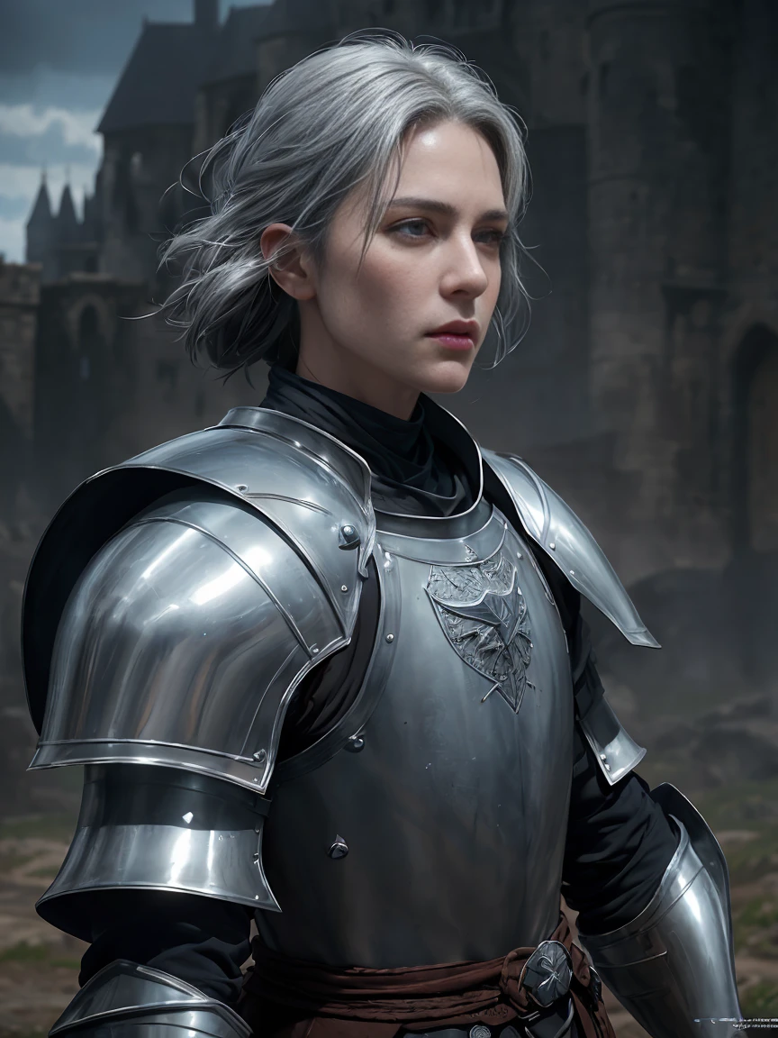 photorealistic, top quality, masterpiece, cinematic composition, slow motion, (medium shot of a medieval knight, sombre and weathered face, beard, grey hair:1.2), chain mail and plate armour, (realistic and detailed|intricate armour:1.1), (visible face:1.3), (photorealistic physiognomy|eyes|iris|skin|musculature, detailed skin, skin texture, natural skin), (holding a sword in his hand:1. 2), frontal perspective, imposing and determined pose, looking forward with determination, skin imperfections, natural skin wrinkles, natural skin spots, highly detailed clothes, abundant details, intricate details, realistic wrinkles in clothing, medieval fantasy landscape, cloudy sky, castle in the background in the distance, radiant lighting, deep shadows, dramatic scene, dark and cool colour palette, blue and grey tones, No other characters in the scene, abundant detail|intricate, detailed landscape, volumetric lighting, (detailed lighting), (detailed light reflections on armour:1. 1), 8k, highly detailed, UHD, HDR, photorealistic facial expression|hairstyle