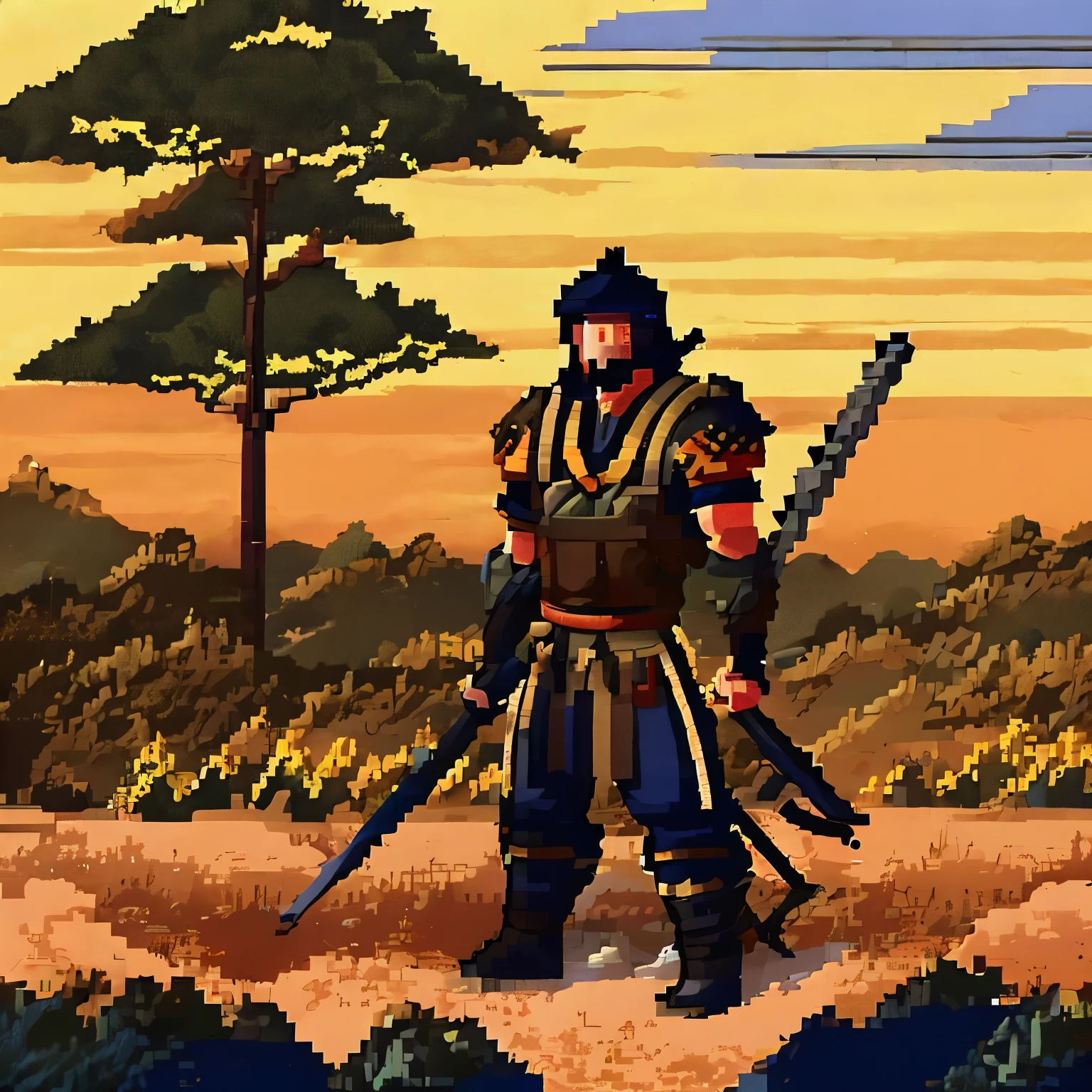 Drunken lying on the battlefield Jun Mo laughed,Ancient battles several people back。battlefiled，karo，Sand。Man wearing ancient Chinese heavy armor was hit by several arrows，Yellow sand is all over the sky。Chinese Ancient Times，swordsmen，heroism，zen feeling。pixelart，Pixel landscape