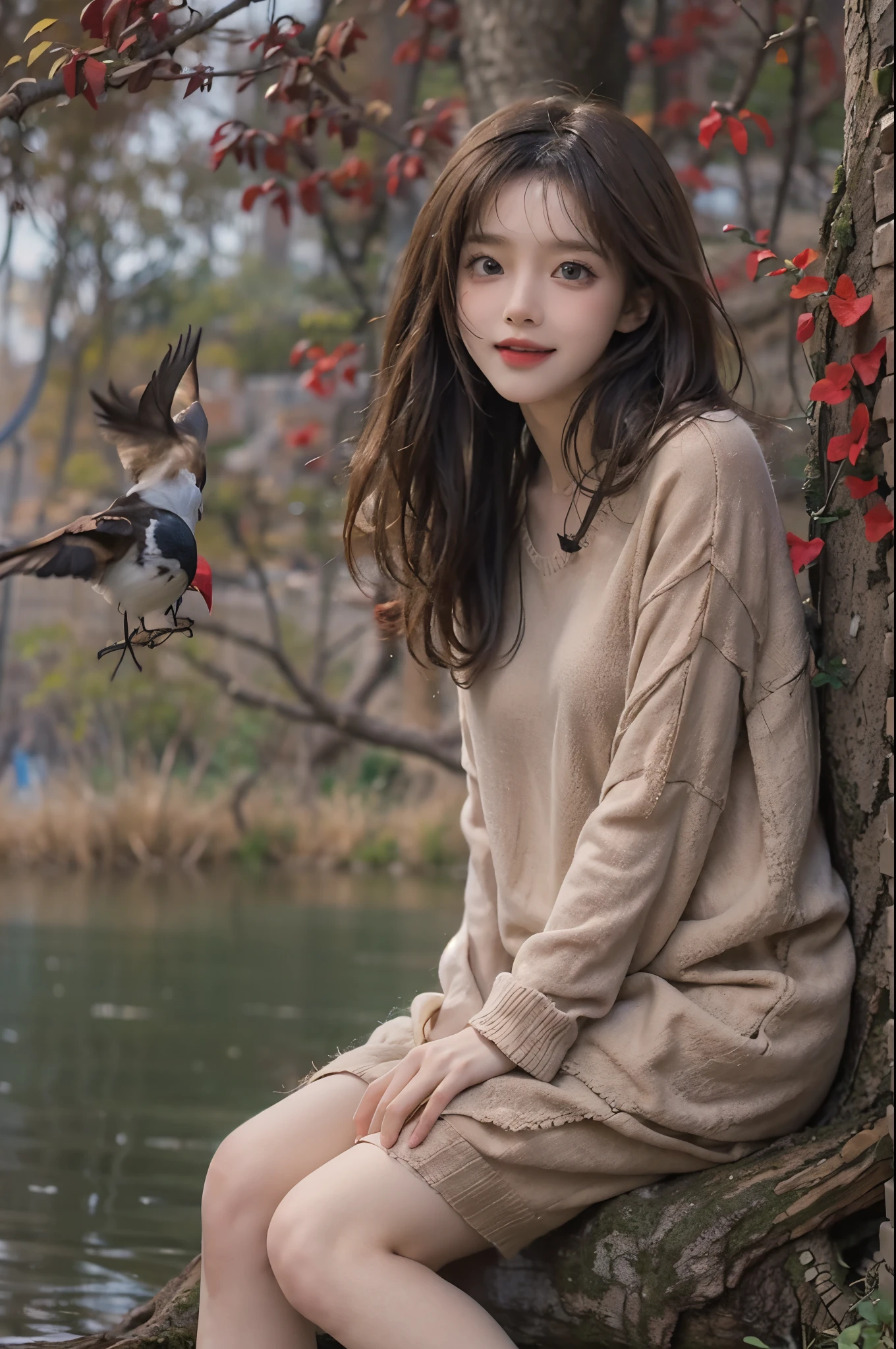 On a refreshing morning with a calm atmosphere, lush lake, A 28 year old brunette with messy hair is sitting on a tree stump.. she wears thick clothes, She is wearing a beige short knit dress with long sleeves and thin black pantyhose.。. Engaged in playful interaction, She shares a moment of joy with the chirping of birds around her.