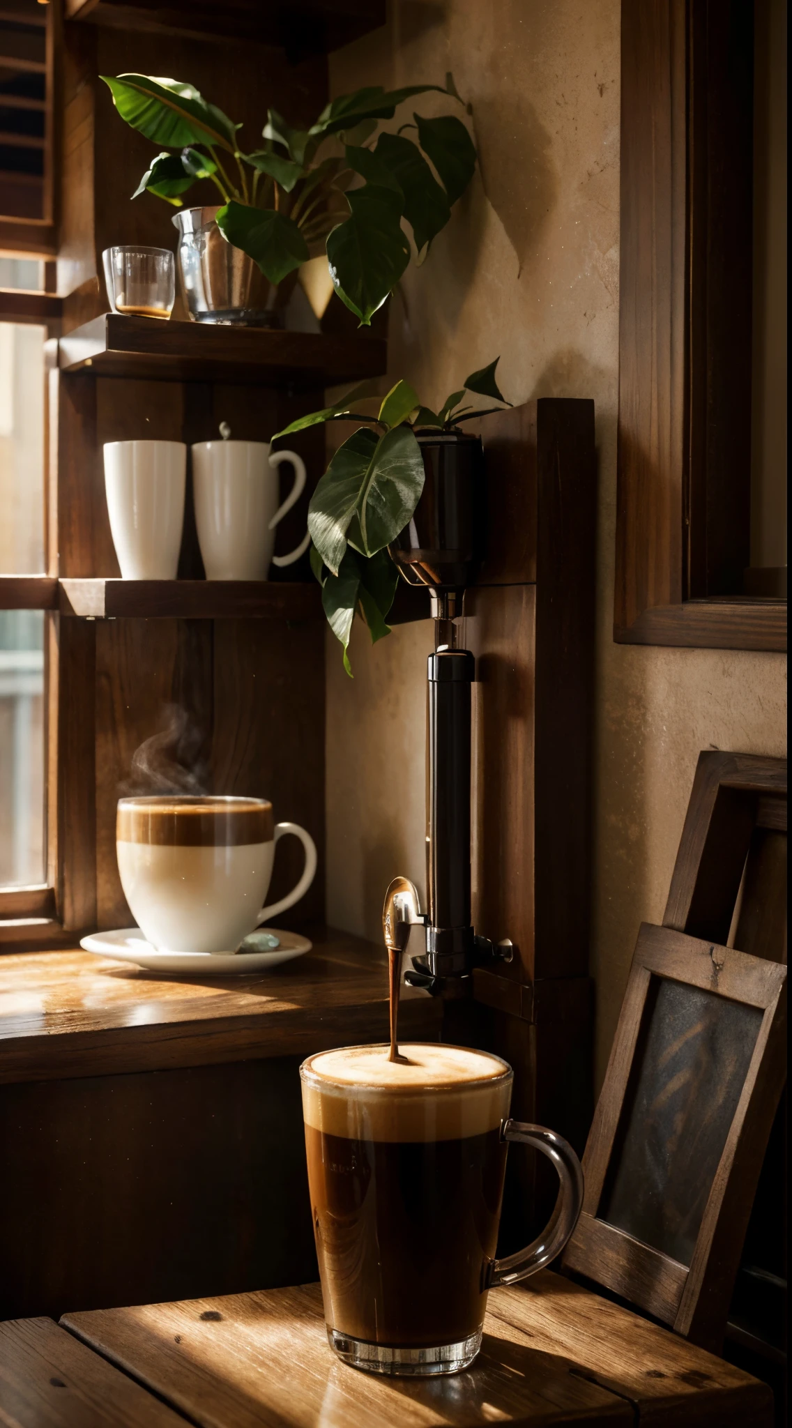 (Best quality at best,4K,A high resolution,tmasterpiece:1.2),ultra - detailed,actual,Cinematic,moodiness,Atmospheric,cozily,gentlesoftlighting,A corner of the cafe,Philodendron,Calm,unwind,serene,Quiet,Reflectors,glass window,wood furnishings,Premium,Vintage,Tiled floor,faded paint,barista brew,Espresso machine,A steaming coffee mug,counter,menu board,cozy arm chairs,bookshelves,art wall decoration,eye-catching light and shadow,peacefulatmosphere,green plant,whisper,aromatic coffee aroma,warm color palette,Mottled sunlight,soft music,Deep voice,houseplant,a soothing atmosphere,Inviting,Escape the hustle and bustle of the city,A hidden gem(beauty that is not easy to notice,Old world charm,Vibrant coffee culture,Every cup tells a story