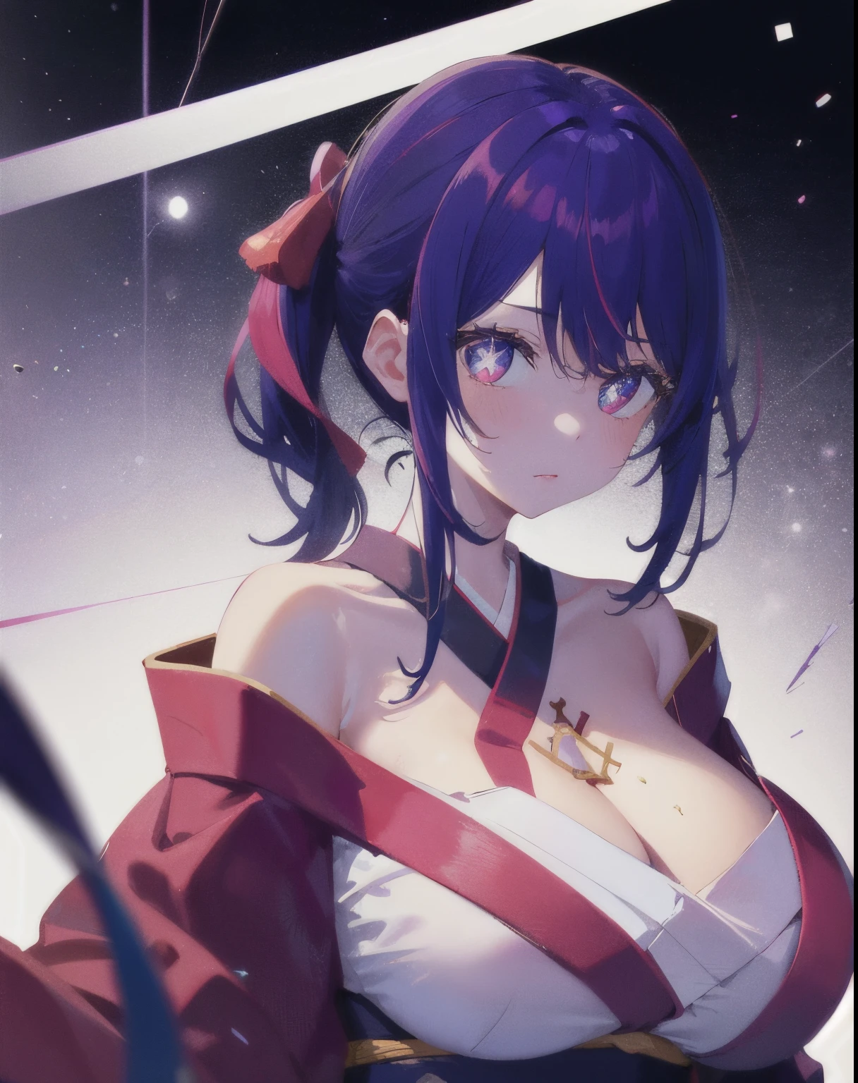 1girl,solo,huge breasts, stlouis,side ponytail, open shoulder and chest red kimono, Ai Hoshino, Violet hair, star shaped pupil