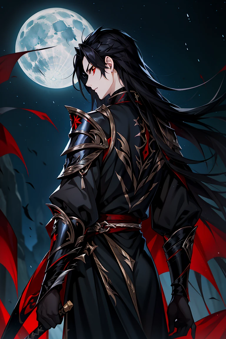 vampire, Hanfu, elegant unified black clothing, shoulder armor, long sword, black long hair, red eyes, night, starry sky, moonlight, Asian architecture, best quality, 16k, masterpiece:1.2, (shot from behind:1.4)