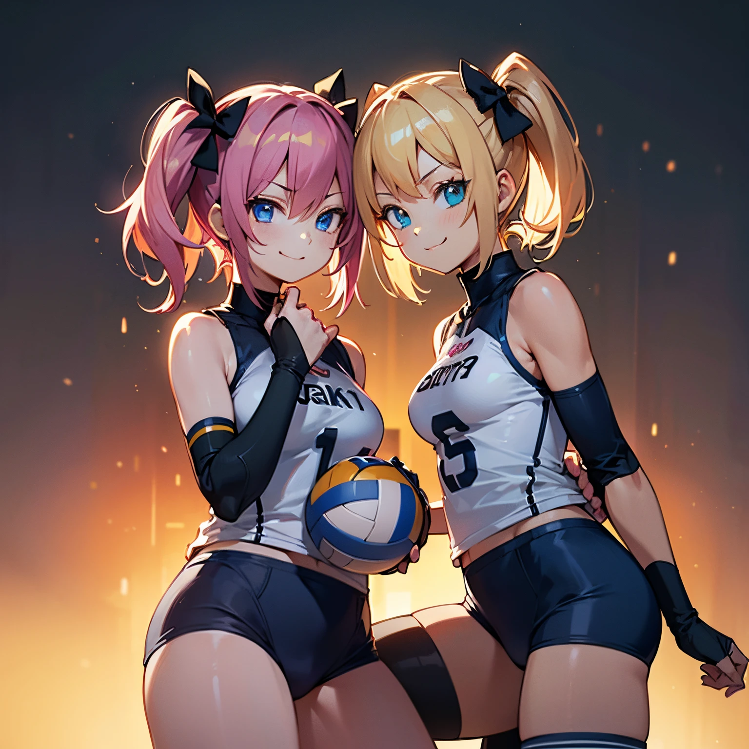 unity 8k wallpaper, anatomically correct, (((masterpiece))), (((best quality))), (((ultra detailed))), (((high-resolution))), ((super fine illustration)), ((Ultimate cutie)), detailed beautiful face, shiny hair, (medium breasts), sleeveless volleyball uniform, ((buruma)), ((knee pad)), (elbow pad), ((hold volleyball)), cowboy shot,
BREAK, 2girls_A_and_B, A girl_have_{{blond twintails}}_{hair bow}_hotpink eyes_{{happy}}_{smile}, B girl_have_{{black short hair}}_ {hair bow}_{{{blue eyes}}}_{{{smirk}}}